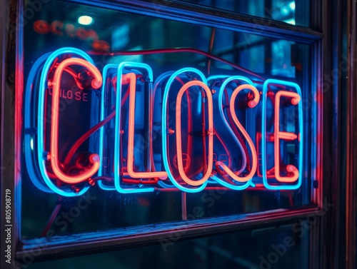 Vibrant neon sign spelling out CLOSE in blue and red colors  illuminating a shop window at night.