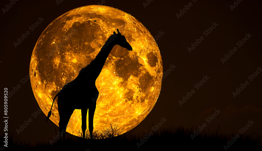 Silhouette of a giraffe against a full moon at night
Silhouette of a giraffe against a full moon at night