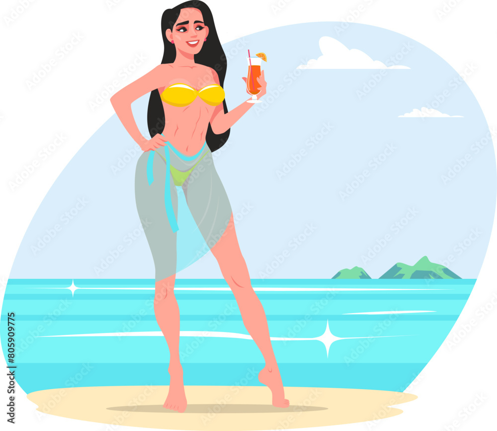 girl in a bikini stands on the beach with a glass of drink