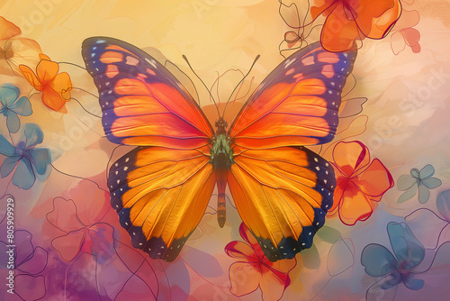 Colorful butterfly pollinator surrounded by flowers on vibrant background. Generative AI