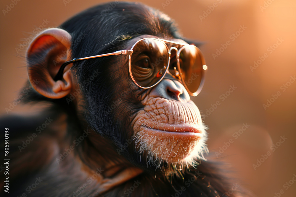 Chimpanzee wearing stylish sunglasses with a playful and relaxed expression. Chimpanzee wearing stylish sunglasses with a playful and relaxed expression.