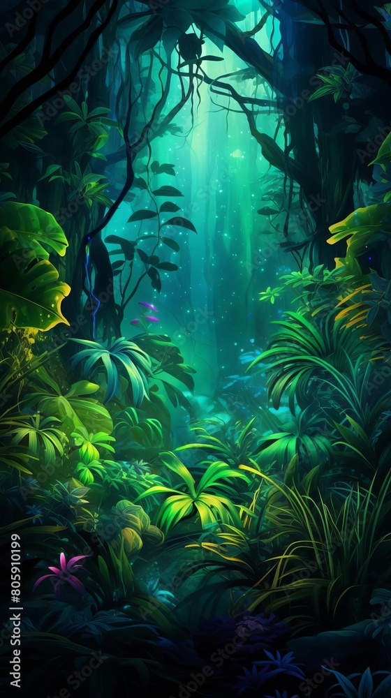 A lush and vibrant rainforest, filled with an abundance of exotic plants and wildlife A lush and vibrant rainforest, filled with an abundance of exotic plants and wildlife