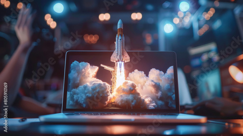 Startup team amazed by 3D rocket hologram on laptop, symbolizing innovation. © ChubbyCat