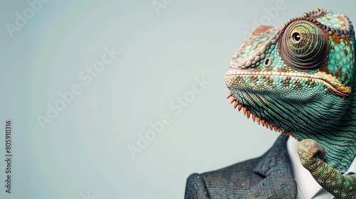 Anthropological chameleon wears a suit like a businessman. business idea photo