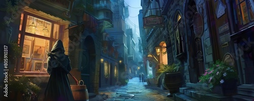 Rogue sneaking a taste of a magical lean meat skewer, hidden alley in a fantasy city, twilight photo