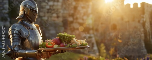 Warrior in armor holding a tray of magical lowcalorie meals, ancient castle background, warm sunlight photo