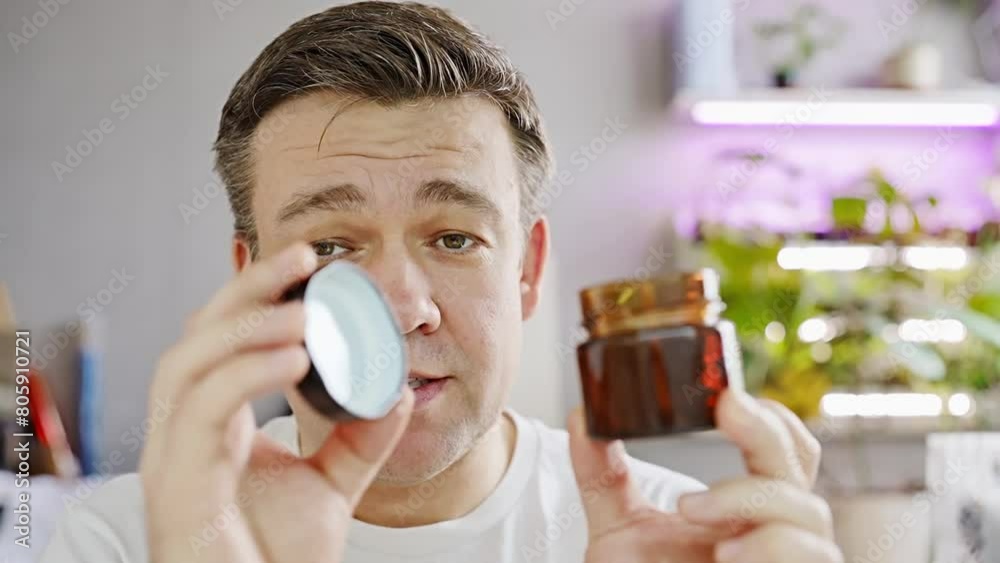 A middle-aged man tells and shows scented candle. Making candles for fragrance. the blogger is broadcasting live. 