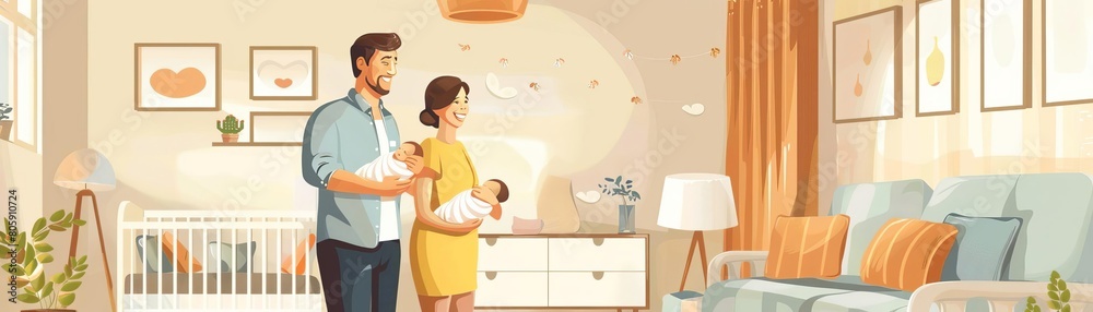 Maternity ward in flat design, with happy parents gazing at newborns in a warmly decorated room Maternity ward in flat design, with happy parents gazing at newborns in a warmly decorated room