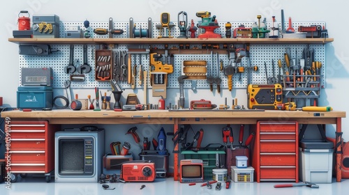 A cluttered workbench with many tools and a microwave © AnuStudio