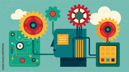 A quirky mix of old and new the Rational Thinking Machine combines oldfashioned gears with modern computer chips for the ultimate rational processing.. Vector illustration