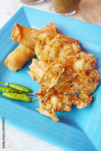 Gorengan, Bakwan Sayur and risol bihun, is Indonesian deep fried vegetable fritters. 