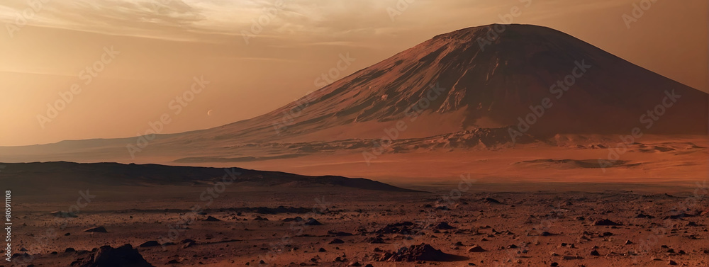Mars Expedition, Surface View of the Red Planet, with Olympus Mons in the Distance, Sunset Casting Shadows, and a Dust Storm Approaching on the Martian Horizon.