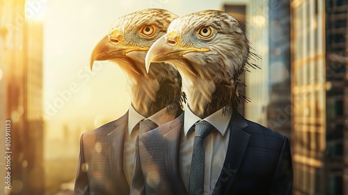 Two-headed birdman Wear a business suit like a businessman. business idea photo