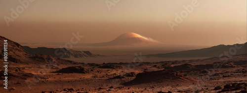 Mars Expedition  Surface View of the Red Planet  with Olympus Mons in the Distance  Sunset Casting Shadows  and a Dust Storm Approaching on the Martian Horizon.