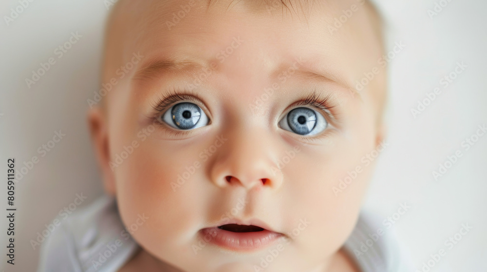 detailed realistic image of a baby's blue eyes looking curiously