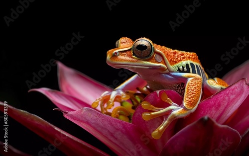 Flying frog sitting on a flower stalk, beautiful tree frog on a pink flower, rachophorus reinwardtii, very beautiful Javanese tree frog photo