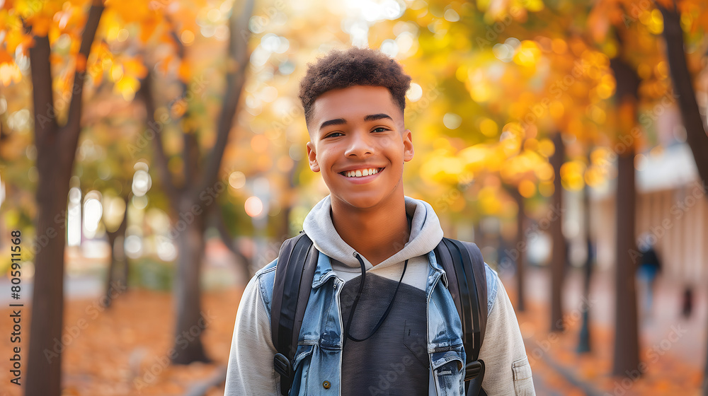 Smiling Young African American Teen with Backpack Walking in a Beautiful Autumn Park, Copy Space for Text Smiling Young African American Teen with Backpack Walking in a Beautiful Autumn Park, Copy Space for Text