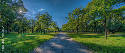 Tranquil public park with lush trees and winding paths seen from a low angle view.