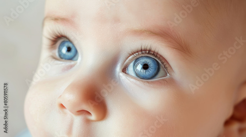 detailed realistic image of a baby's blue eyes looking curiously