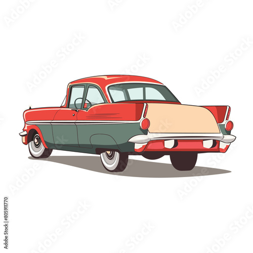 Classic vintage car illustrated, red green twotone American car 1950s. Side profile retro vehicle, cartoon style isolated white background, chrome details