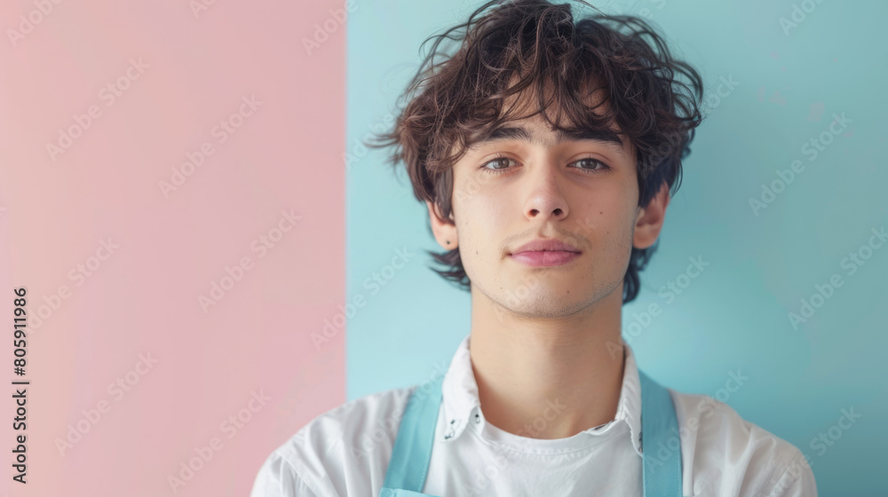 Portrait of a teenager male in random career dress on a soft pastel color backdrop background. Portrait of a teenager male in random career dress on a soft pastel color backdrop background.