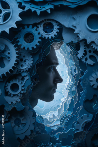 Person surrounded by brain gears symbolizing overthinking