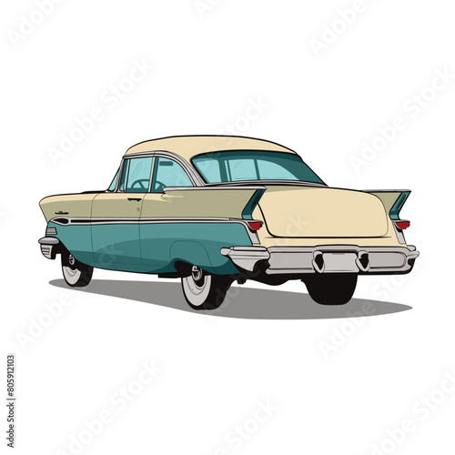 Classic car illustration, blue beige, vintage American automobile, isolated white background. Retro vehicle design, tailfins, chrome details, 1950s nostalgia. Collectible model car, transportation