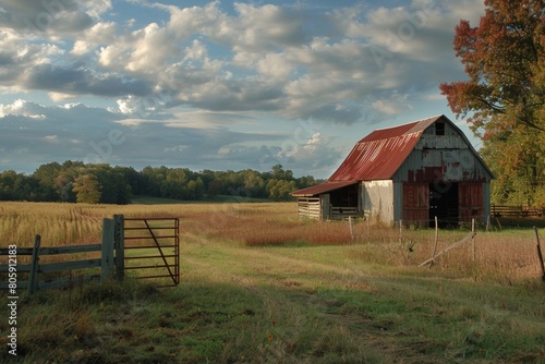 Old barn and open gate in rural field
