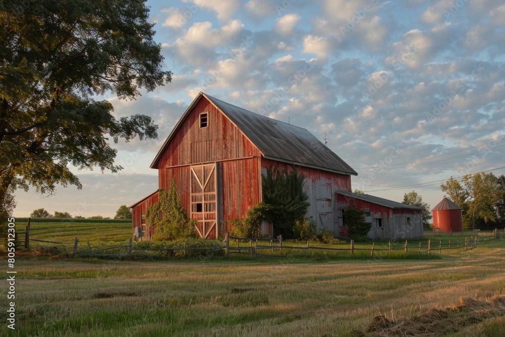 Old red barn with silo in rural setting
Old red barn with silo in rural setting