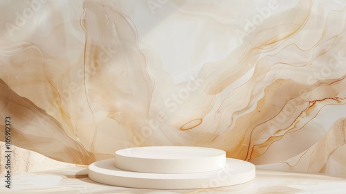 Abstract Marble Backdrop with White Platforms Modern display featuring white cylindrical platforms set against a dynamic and flowing marble background with warm tones. 