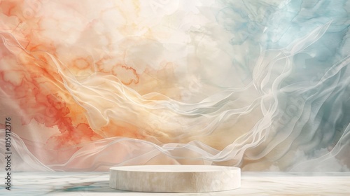 Ethereal Watercolor Background with Display Stand
A dreamlike display featuring a serene watercolor backdrop in shades of blue and orange, complemented by a minimalist white stand.
 photo