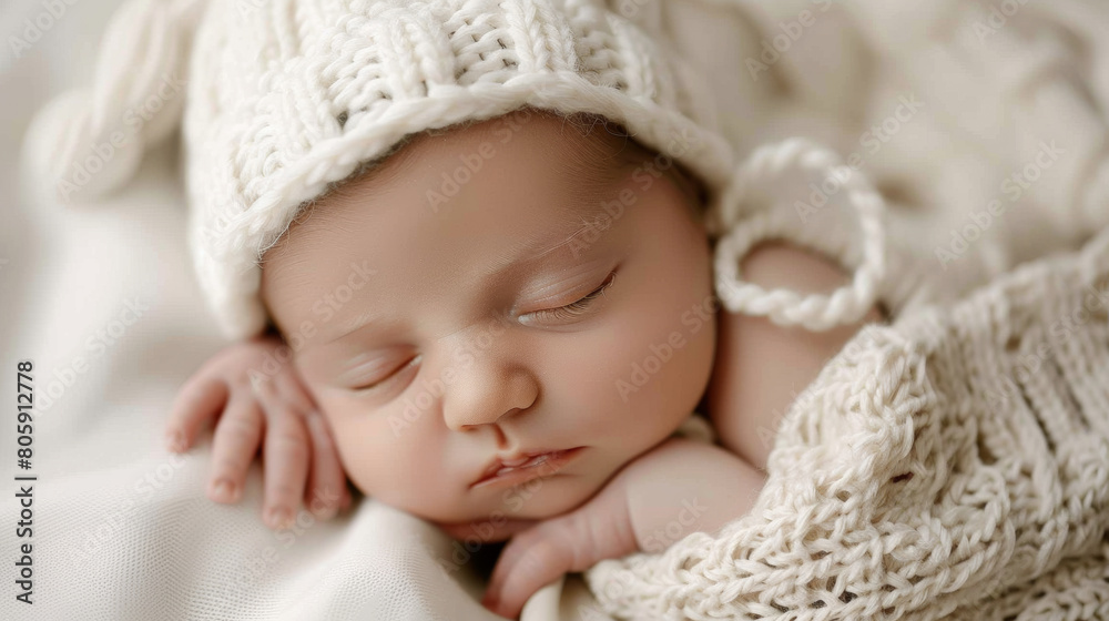 a sleeping baby with a peaceful expression, wearing a white knitted hat a sleeping baby with a peaceful expression, wearing a white knitted hat