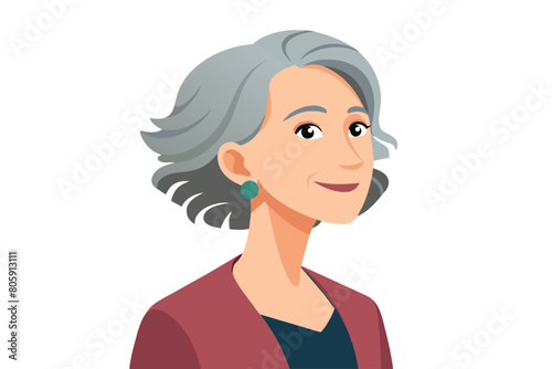Side profile view head and shoulders of happy middle-aged woman staring straight posing alone against gray studio background with copy space Services for elderly optimism midlife and wise quotes