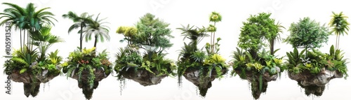 A row of plants are floating in the air