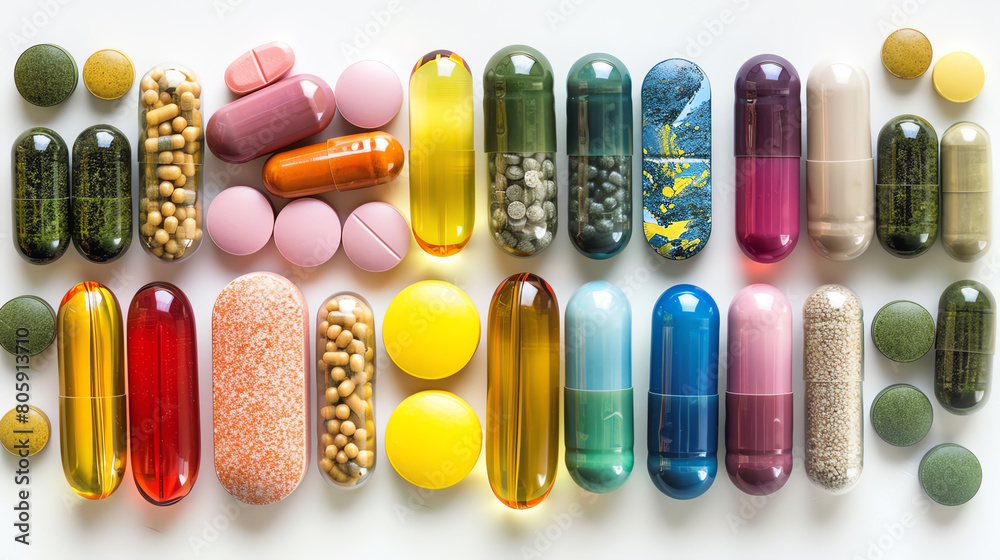 A variety of pills and capsules of different colors and sizes arranged in a row on a white background A variety of pills and capsules of different colors and sizes arranged in a row on a white background
