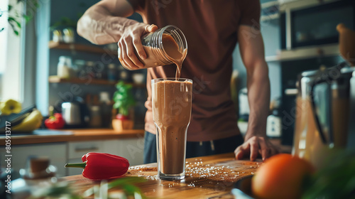 A man in an orange shirt is pouring a chocolate protein shake from a blender into a glass. On the table are various fruits and vegetables. photo