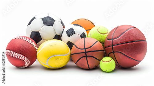A variety of sports balls  including a soccer ball  a football  a basketball  a tennis ball  and a baseball.