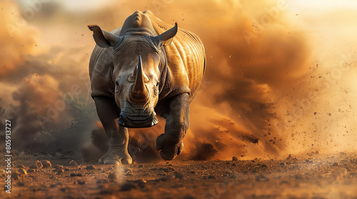 A powerful rhinoceros charges through the African savanna, its muscular body propelling it forward with incredible speed and grace