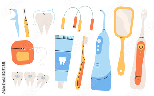 Oral hygiene, cleaning tools set. Different dental care accessories. Electric toothbrush, tooth brush, toothpaste tube, oral irrigator, floss. Braces teeth. Flat isolated vector illustration
