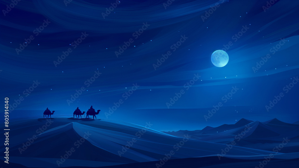 Islamic concept image. Caravan in the desert with dunes and moon Islamic concept image. Caravan in the desert with dunes and moon