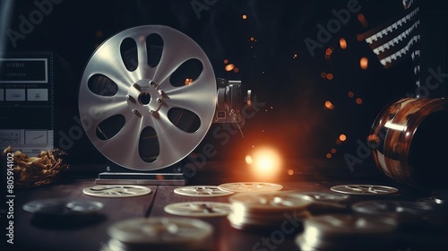 A film reel spins in front of a projector, casting a flickering light on the wall.