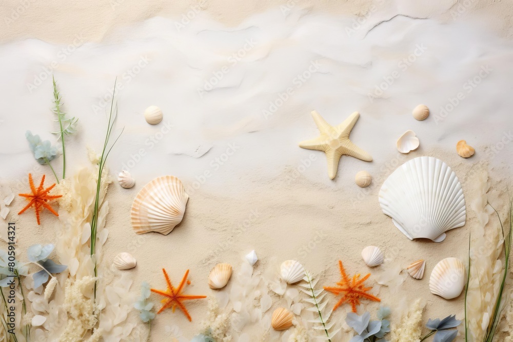 A beautiful composition of seashells, starfish, and dried flowers arranged on a sandy background. The perfect image for a summer beach wedding.
