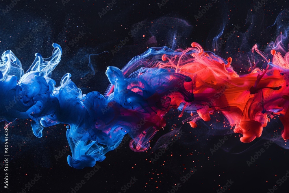 Fototapeta premium Acrylic blue and red colors in water Ink blot Abstract black background 