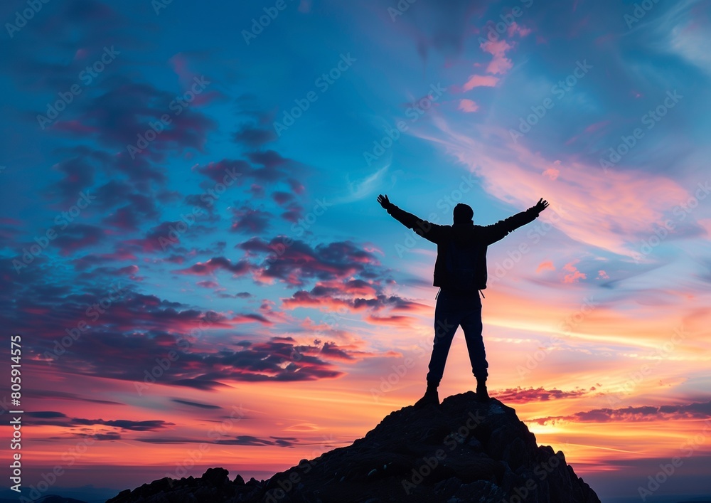 Silhouette of Man Celebrating Success on Mountain Summit at Sunset. Silhouette of Man Celebrating Success on Mountain Summit at Sunset.