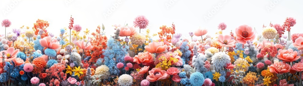 A field of flowers with a variety of colors including pink, blue, and yellow A field of flowers with a variety of colors including pink, blue, and yellow