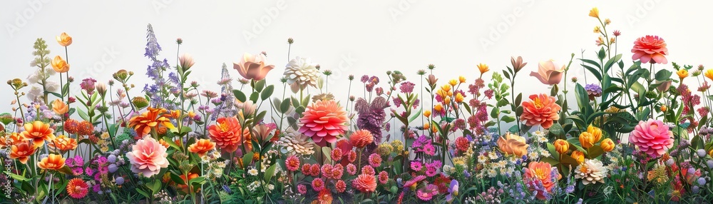 A field of flowers with a variety of colors including pink, orange, and yellow