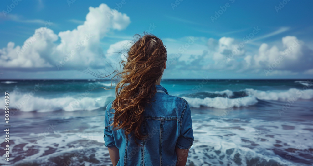 Young Woman in Denim Jacket Standing on the Beach, Watching the Waves Crash on a Sunny Day with Cloudy Sky Young Woman in Denim Jacket Standing on the Beach, Watching the Waves Crash on a Sunny Day with Cloudy Sky