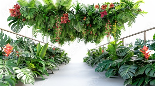 A long walkway with a variety of plants and flowers hanging from the ceiling