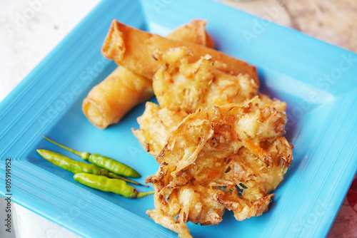 Gorengan, Bakwan Sayur and risol bihun, is Indonesian deep fried vegetable fritters. 