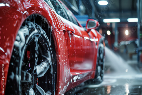 Close up detail of wash cleaning red sport car with foam at carwash © Ekaterina Shvaygert